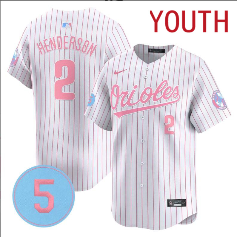 Youth Baltimore Orioles #2 Henderson white with red strips 2024 Nike MLB jersey.